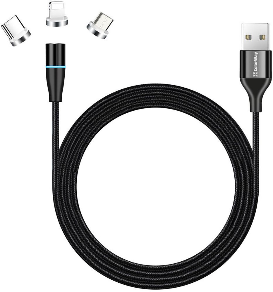 

Кабель ColorWay USB - 3в1 (Lightning+MicroUSB+Type-C) Magnetic Data/Quick Charge 2.4А 1 м (CW-CBUU038-BK) Black